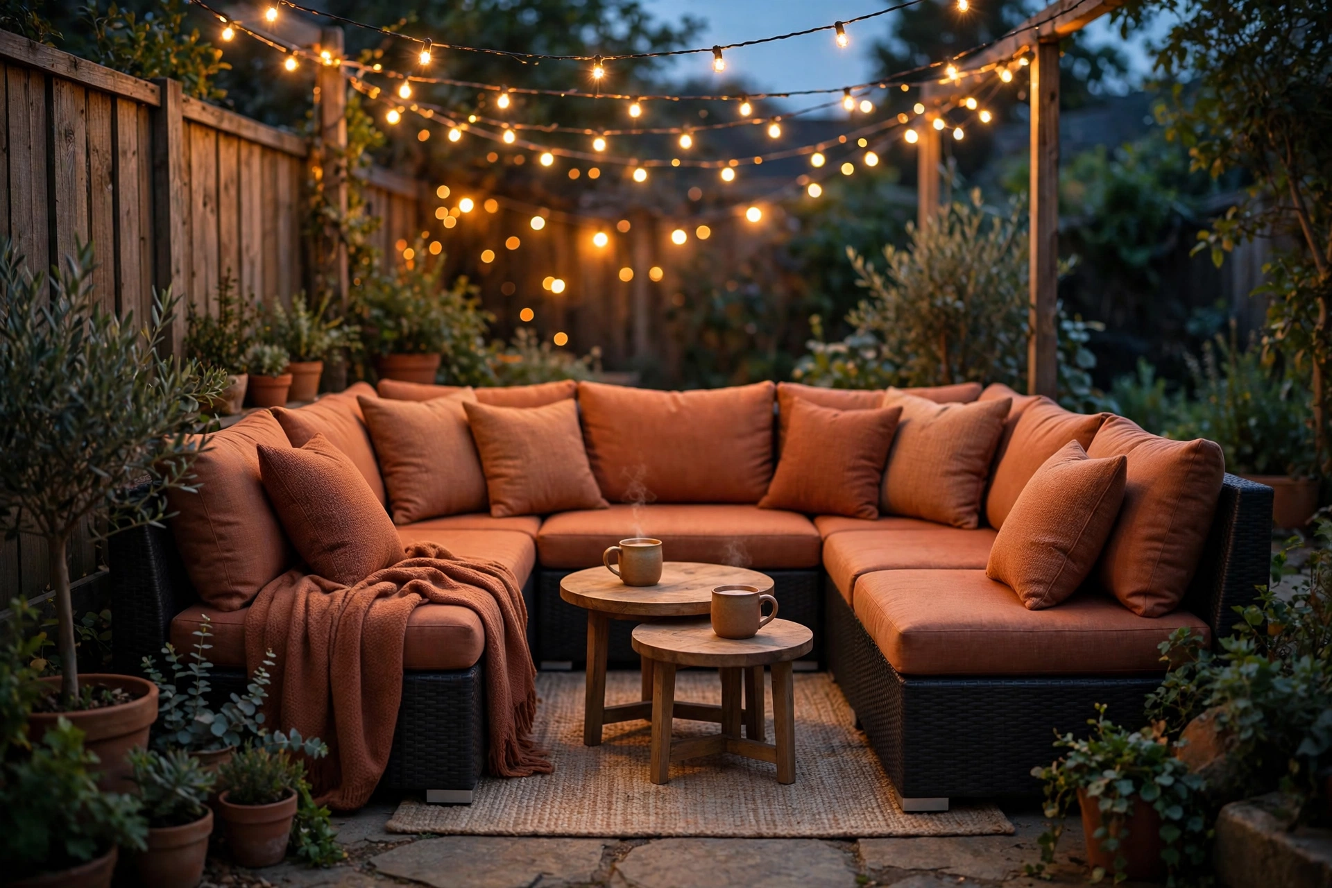 Small patio sectional arranged conversation-pit style with nesting side tables