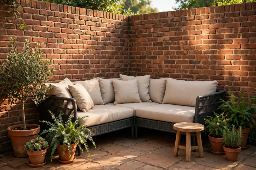 Compact L-shaped outdoor sectional for small patio tucked into a corner with potted plants