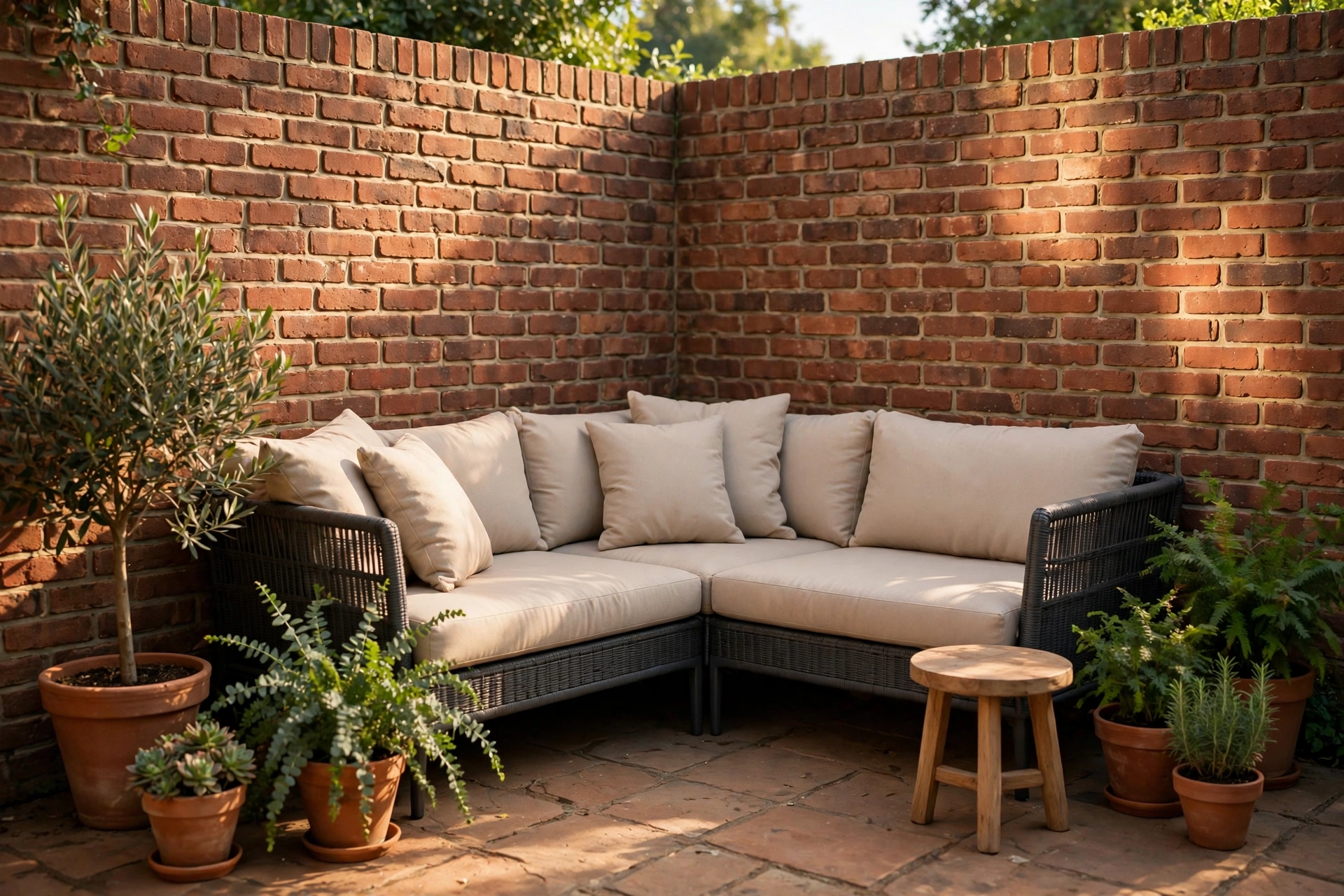 Compact L-shaped outdoor sectional for small patio tucked into a corner with potted plants