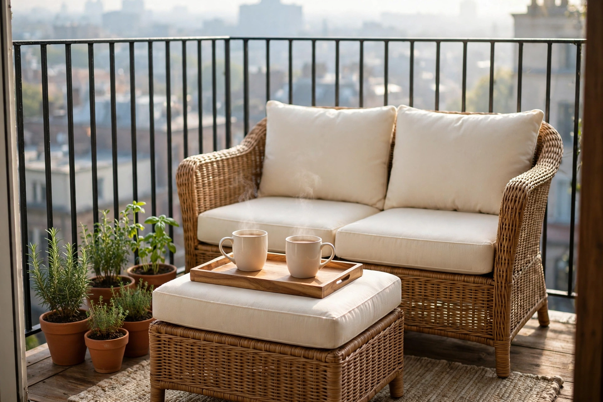 Loveseat outdoor sectional for small patio with movable ottoman and tray