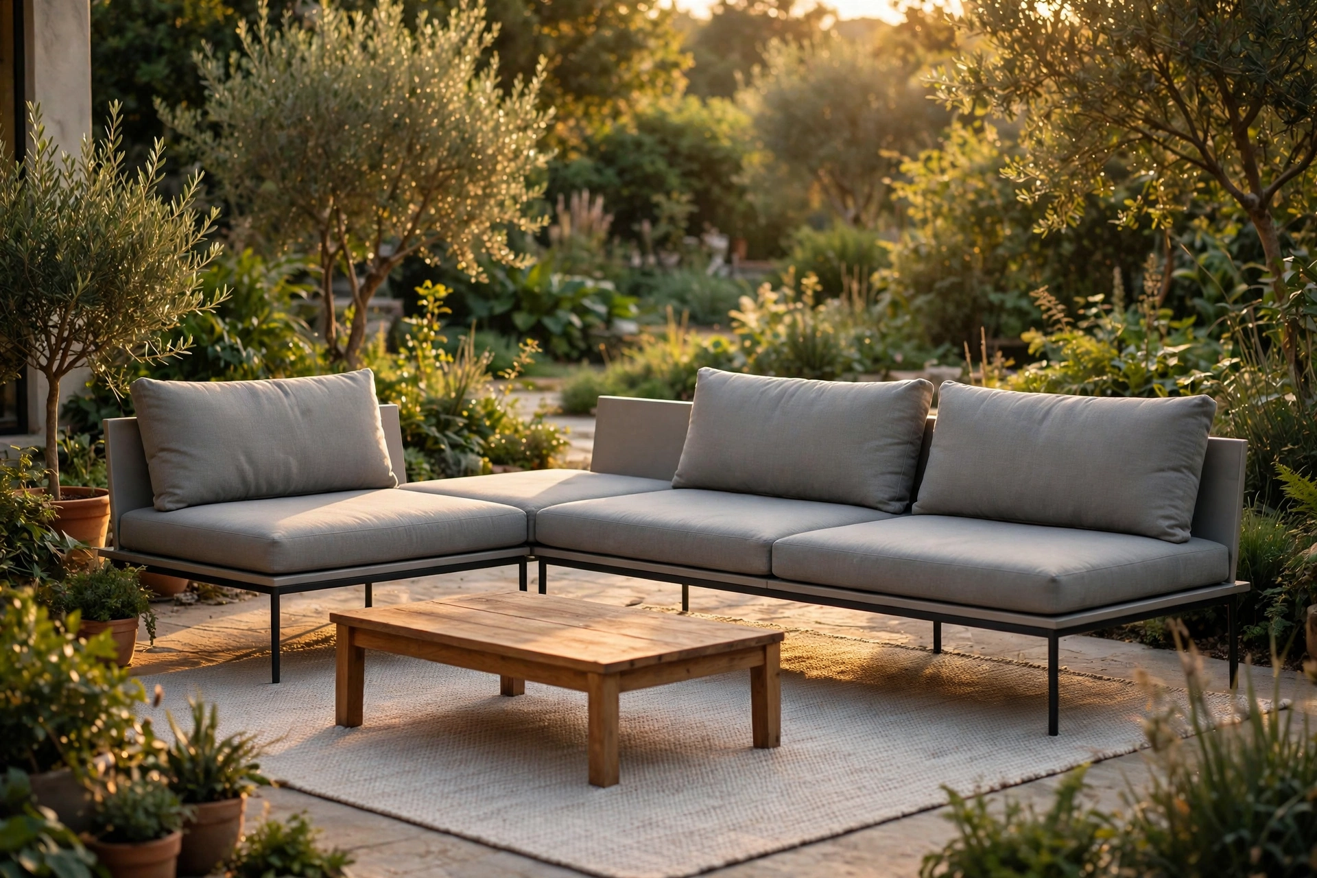 Low-profile outdoor sectional for small patio with open garden view beyond