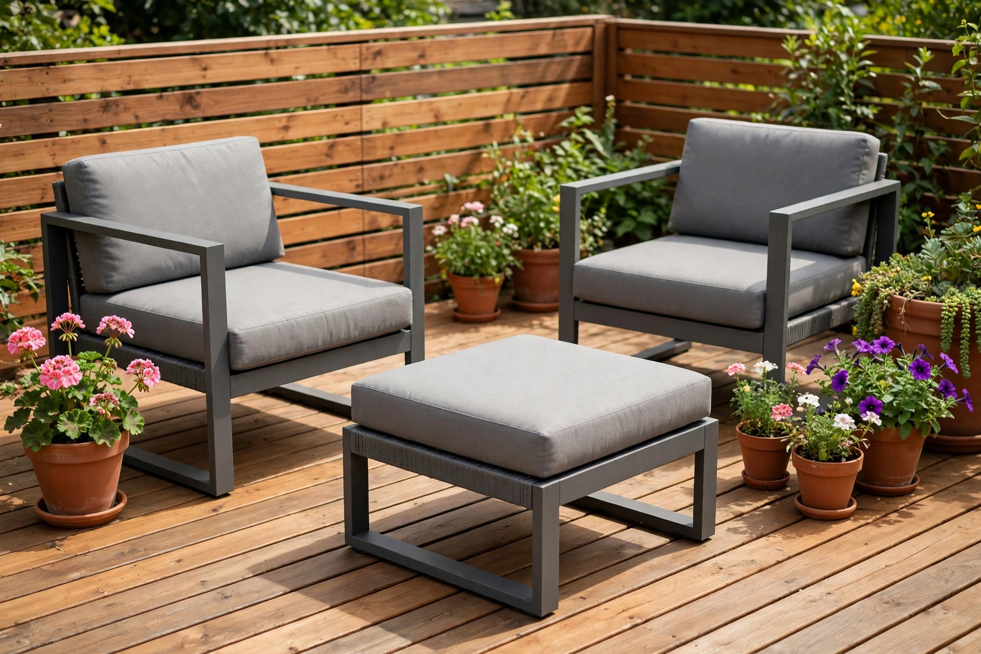 Modular outdoor sectional for small patio split into separate chairs and ottoman
