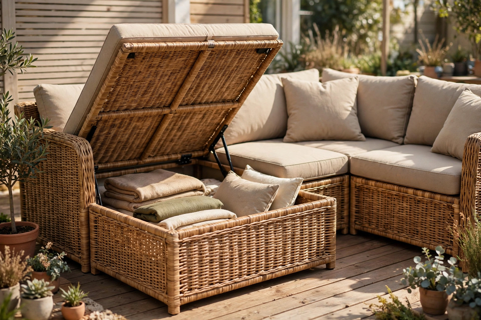 Outdoor sectional for small patio with storage base lid open showing stored cushions