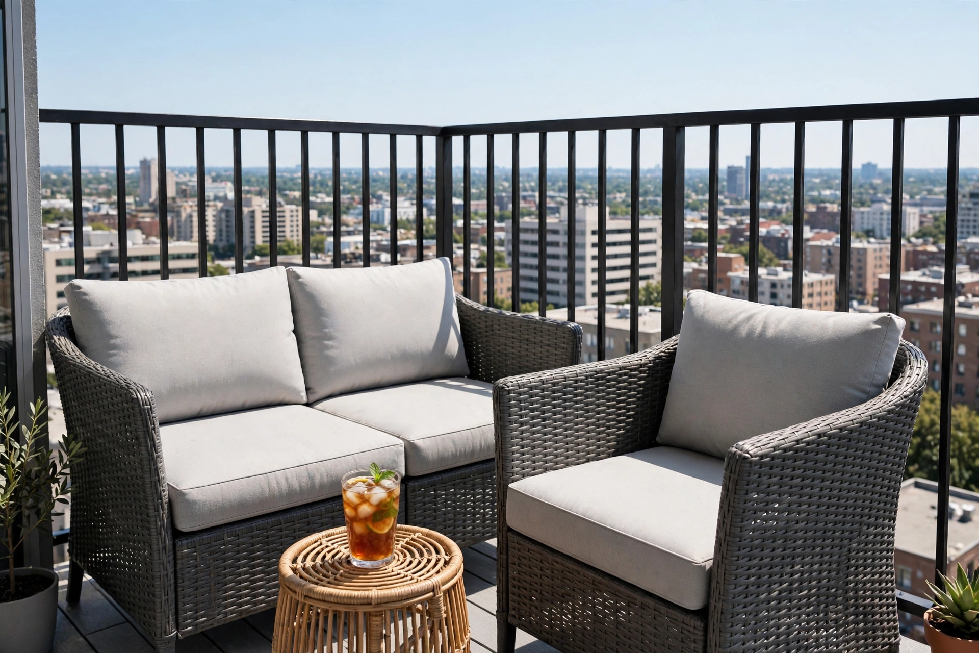 Two-piece compact outdoor sectional for small patio on tiny apartment balcony