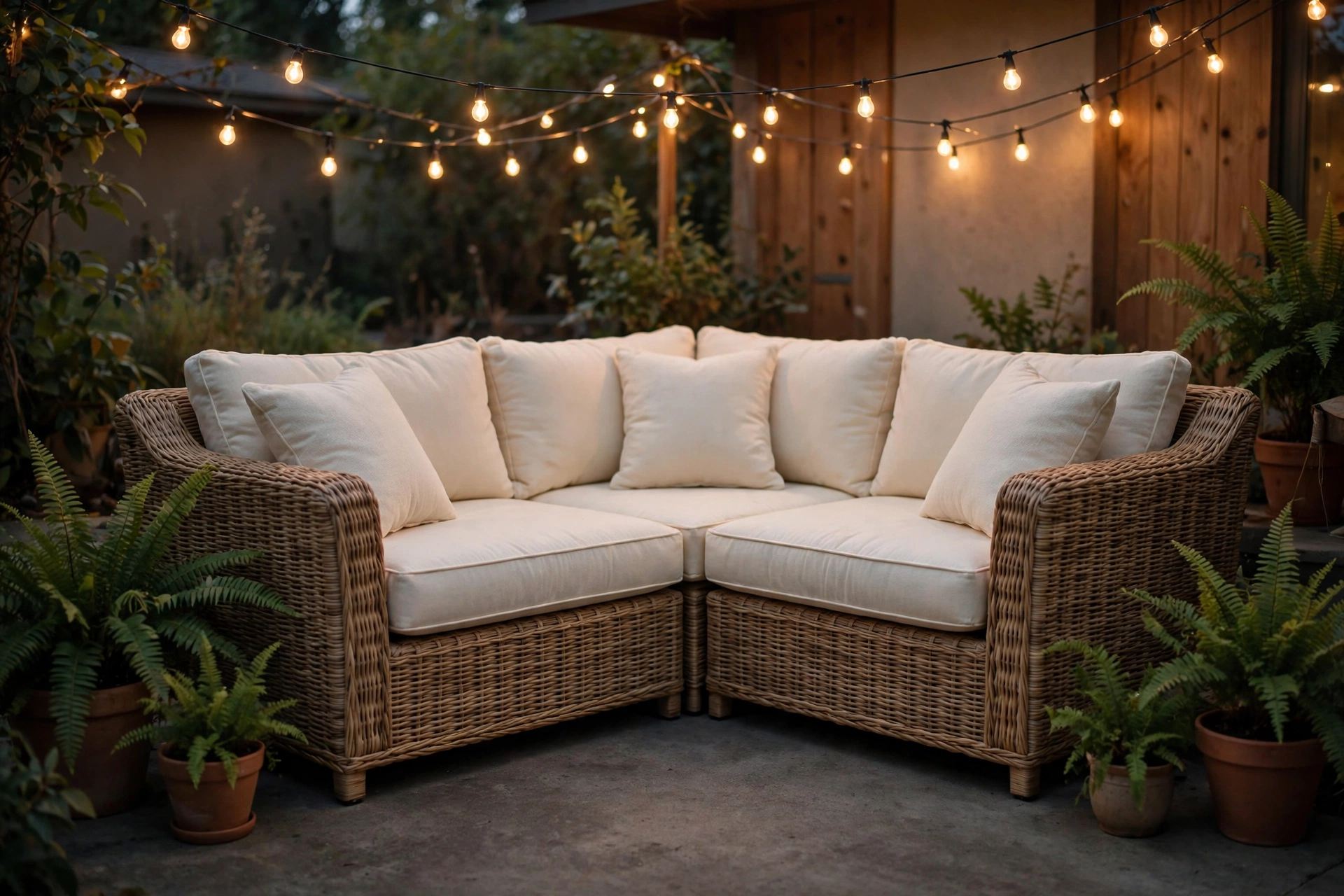 Wicker corner outdoor sectional with plush cushions and string lights on small patio