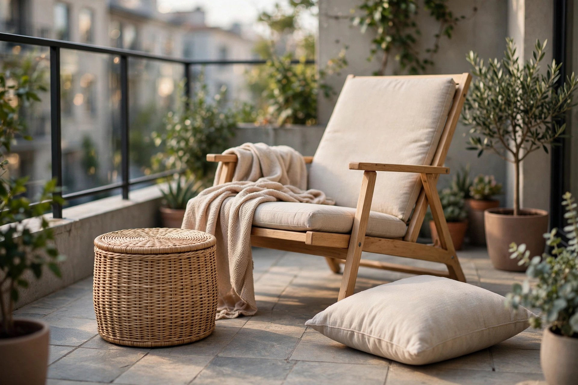 Small storage ottoman beside a lounge chair on a compact apartment patio