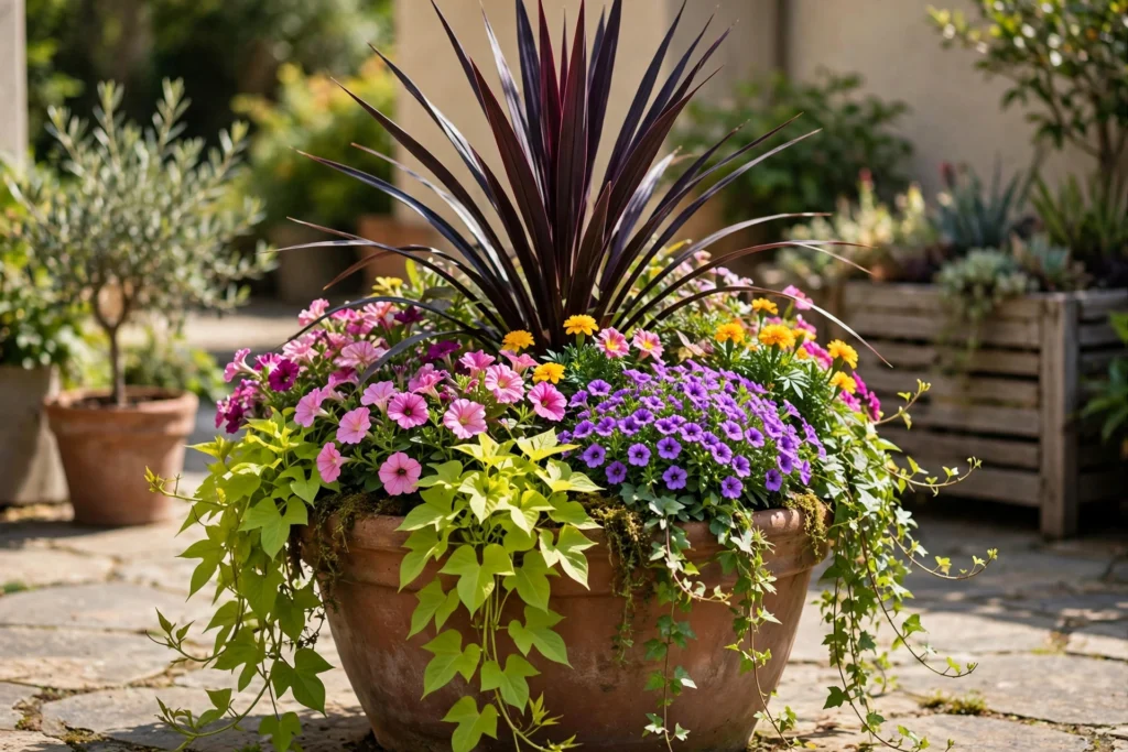 Patio container garden ideas: thriller-filler-spiller arrangement with tall plant and trailing flowers