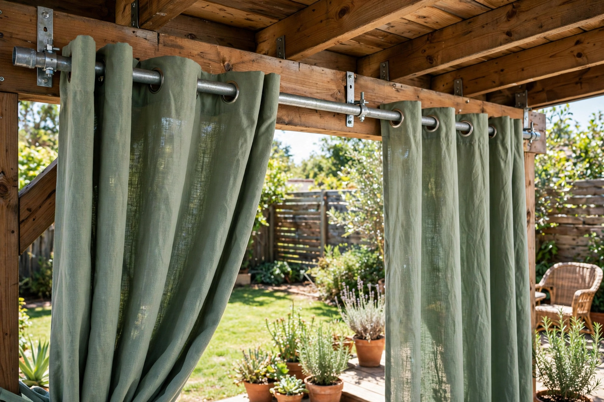 Grommet-top outdoor patio curtains hanging from a galvanized conduit pipe rod