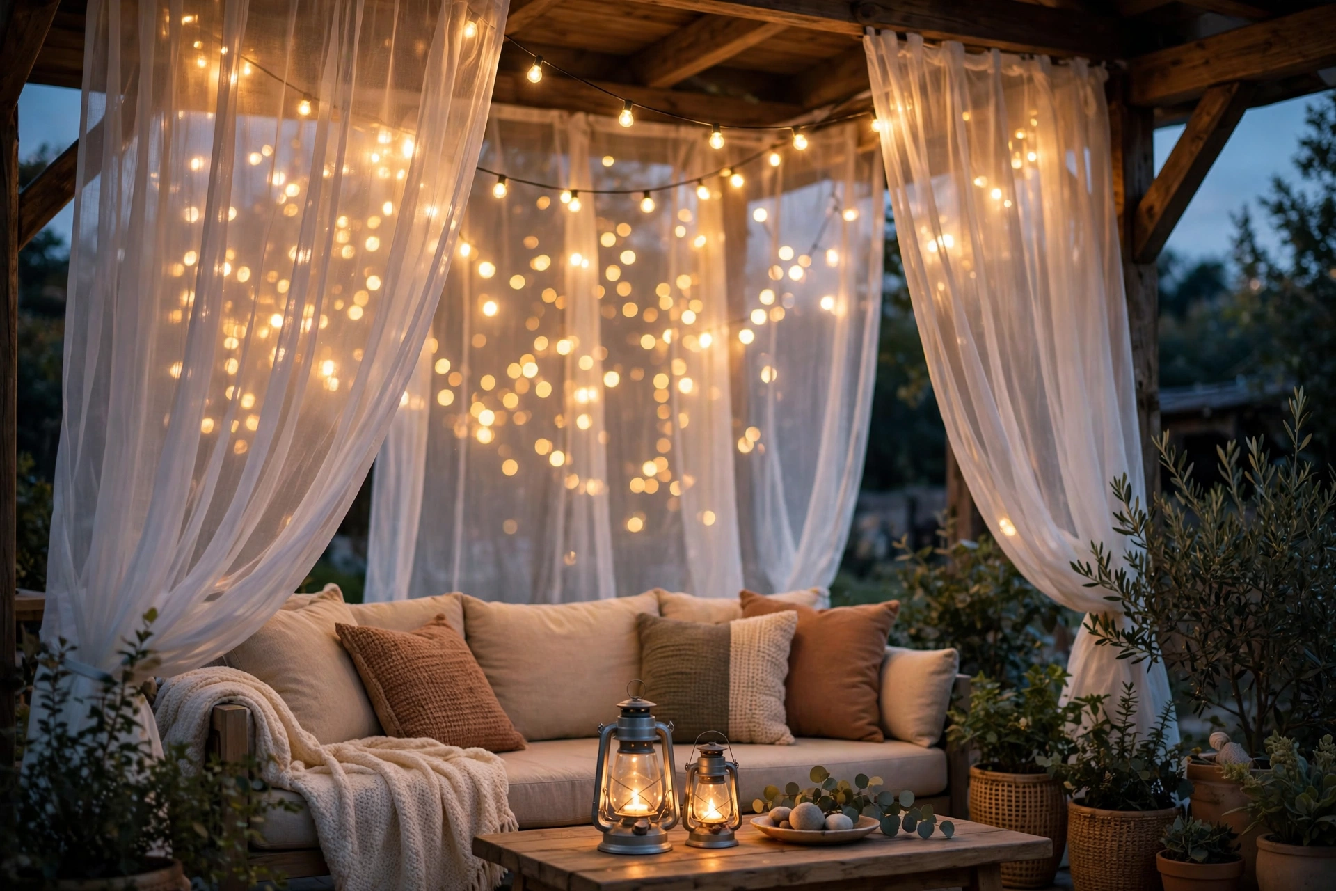 Warm string lights glowing through sheer outdoor patio curtains at dusk
