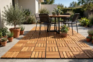 interlocking acacia wood deck tiles being laid over gray concrete patio, close-up of click-lock edge