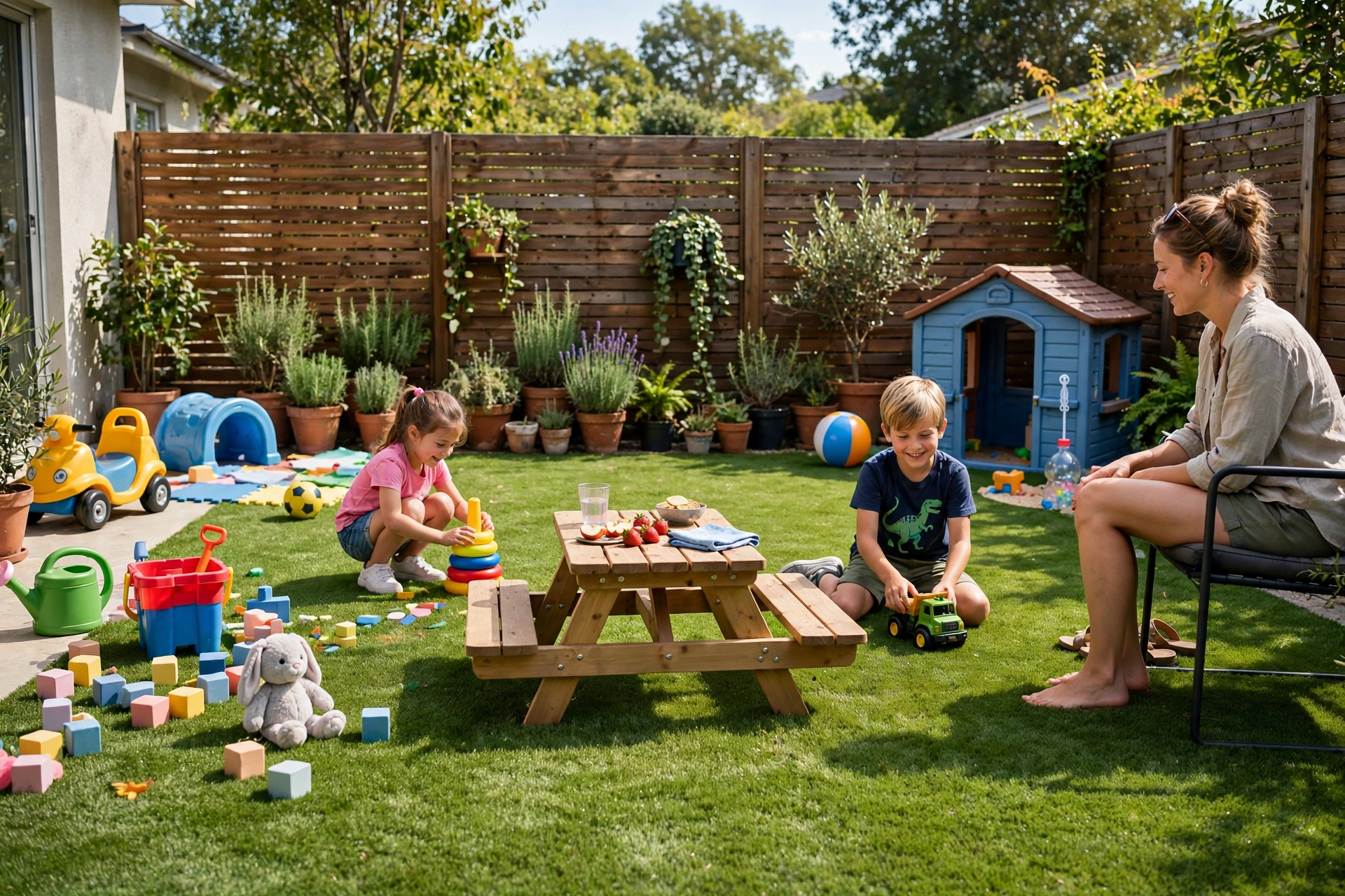 Artificial turf covering a family patio floor with a play area