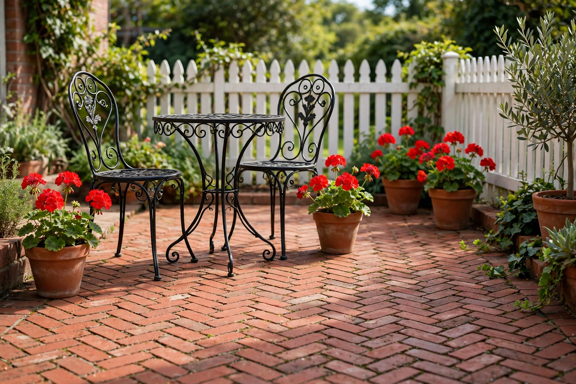 Red clay brick pavers in a herringbone pattern on a cottage patio