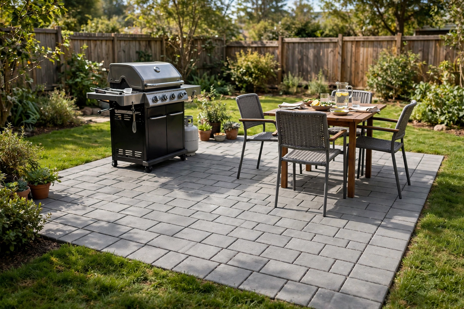 Gray concrete pavers in a running bond pattern, a classic among patio flooring options
