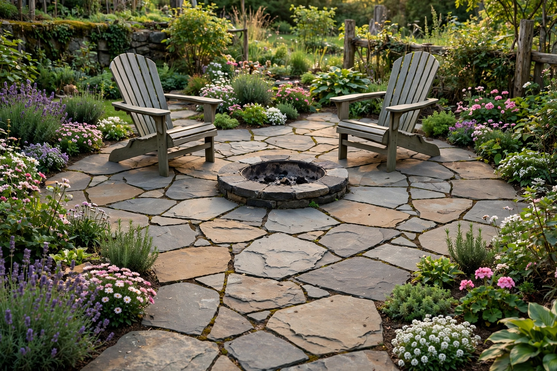 Natural flagstone pavers forming a rustic patio floor with a fire pit