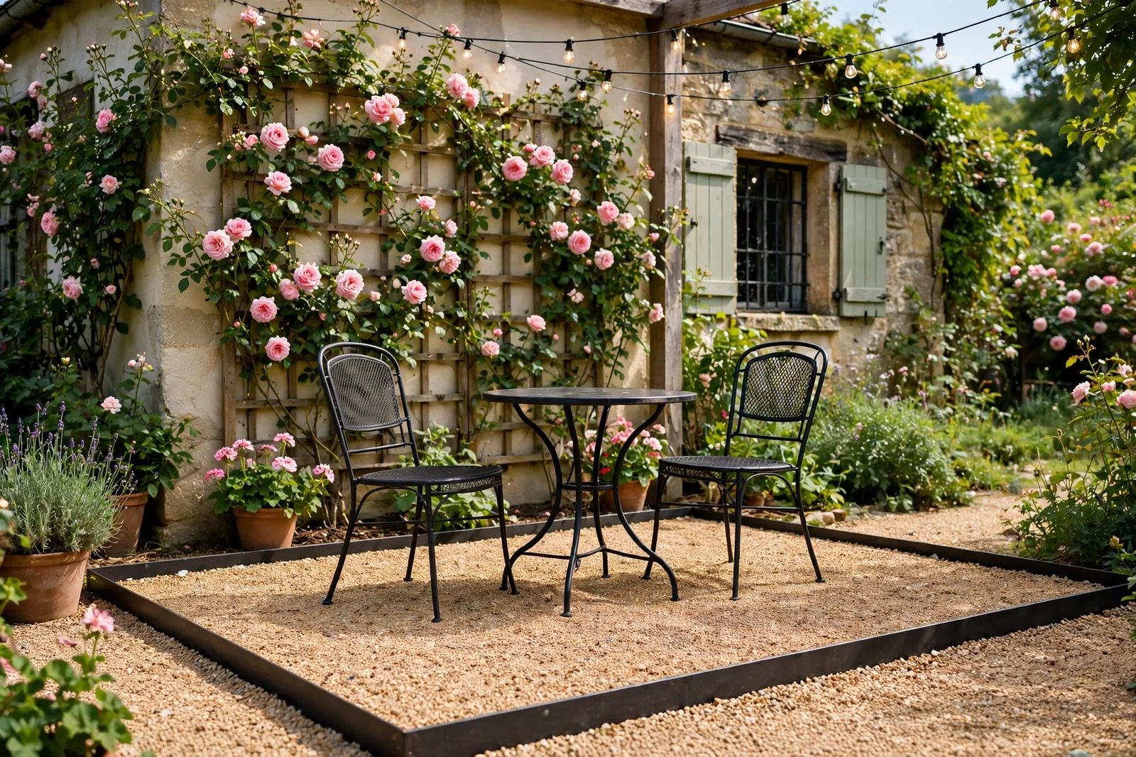 Pea gravel patio floor with metal edging, the budget pick of patio flooring options