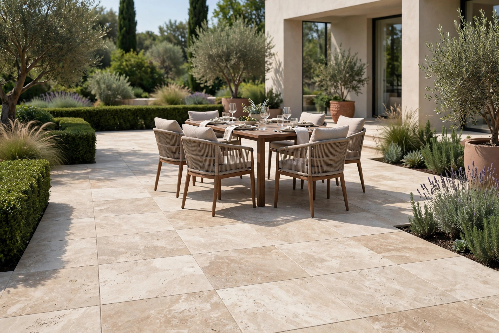 Large-format porcelain pavers that look like travertine on an elegant patio