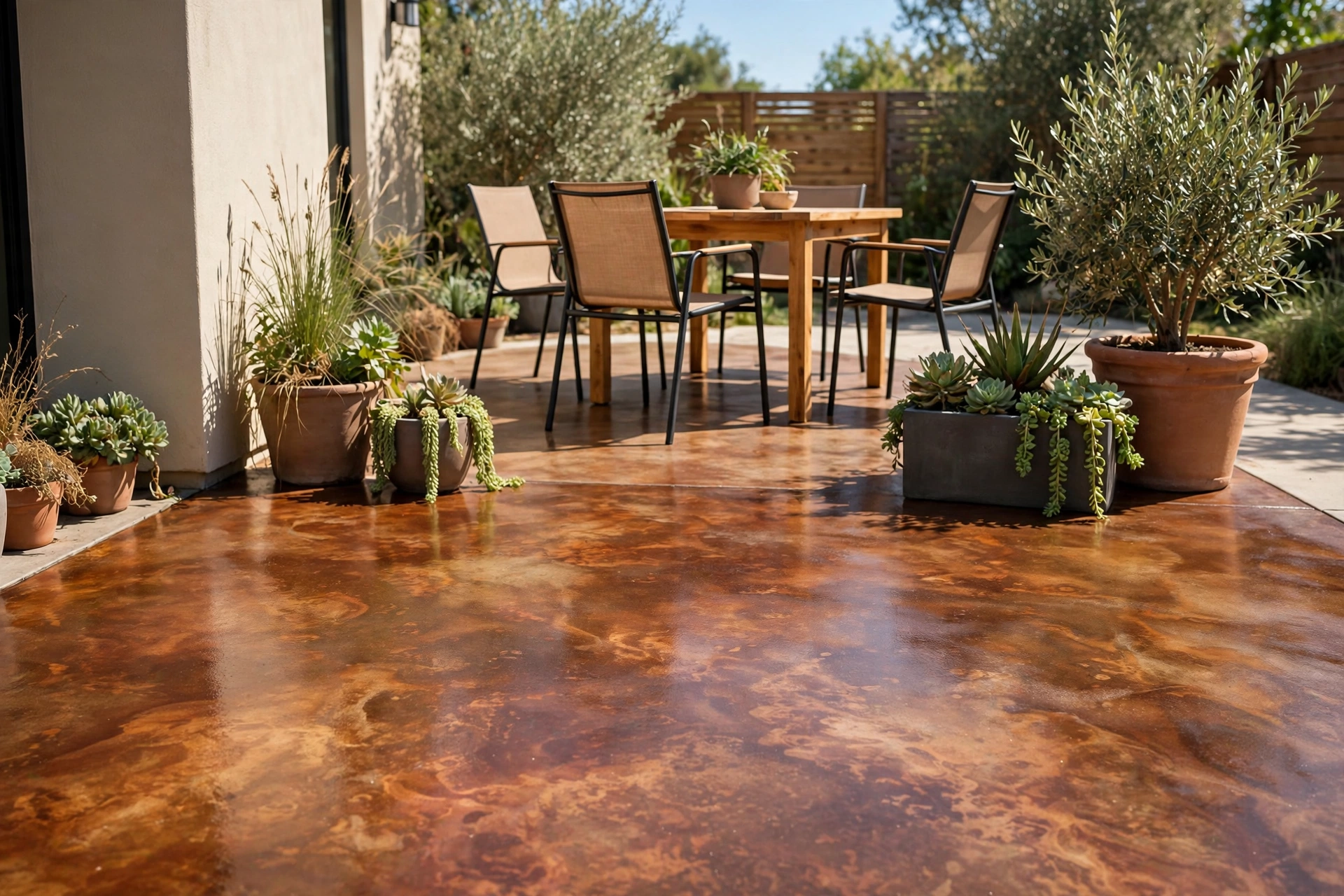 Concrete patio with a variegated copper-brown acid-stain finish