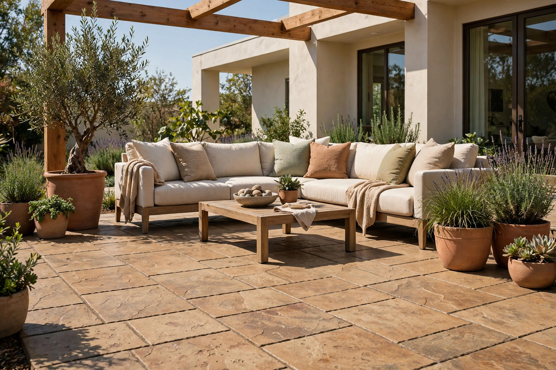 Stamped concrete patio with an ashlar slate pattern in warm tan tones