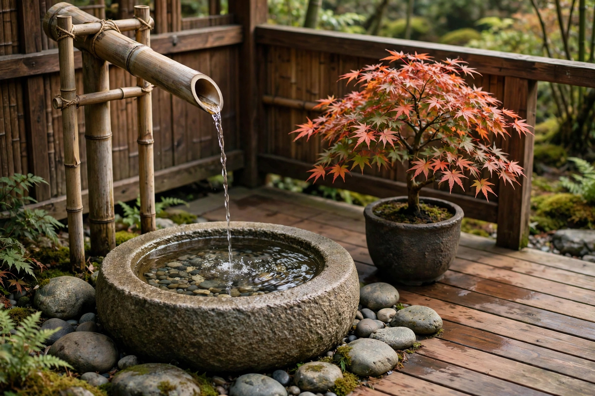 Bamboo spout water feature pouring into a stone basin in a Japanese-style patio corner