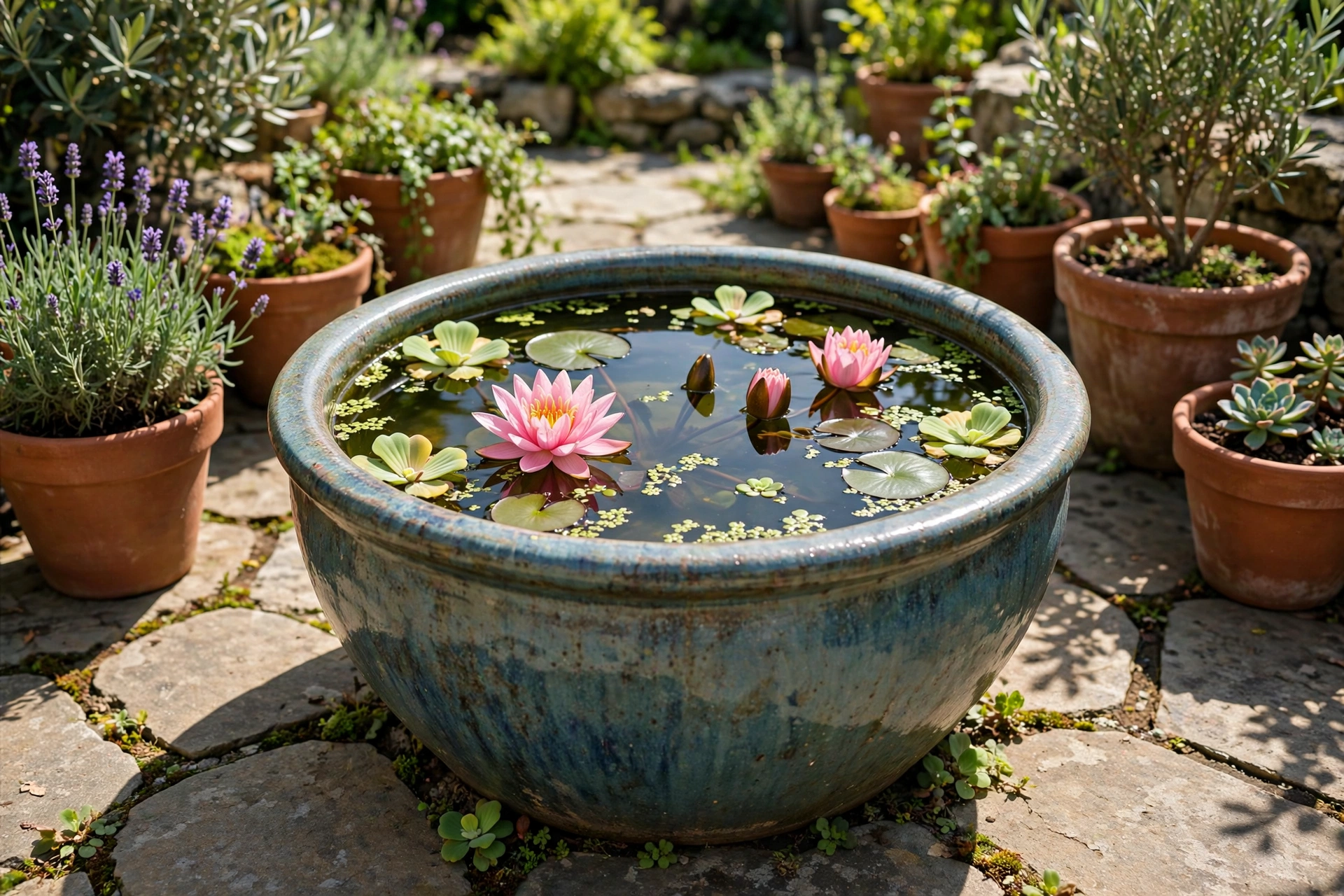Mini container pond with a blooming water lily among the simplest patio water feature ideas