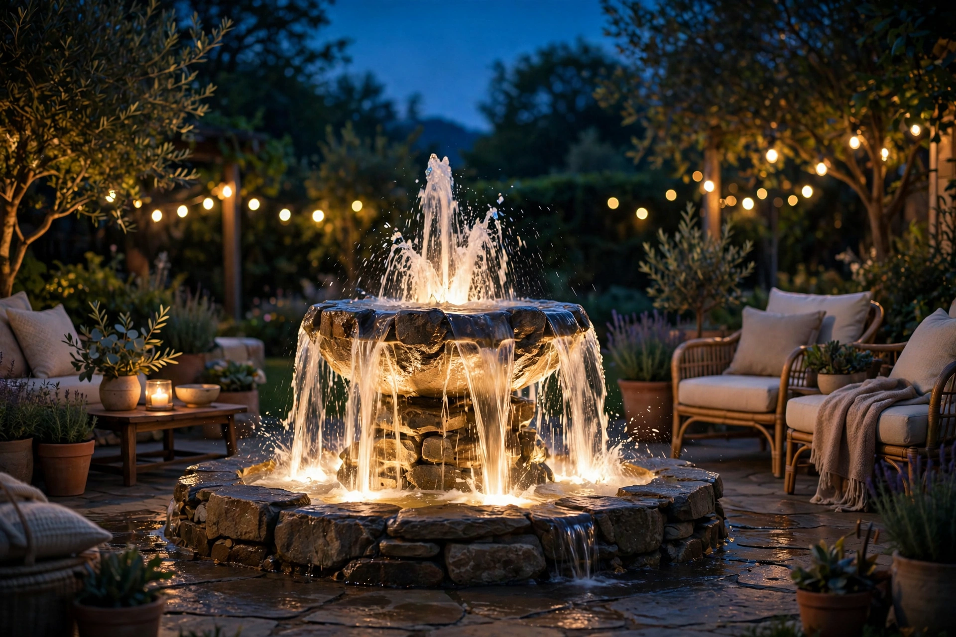 Stone patio fountain glowing with warm LED lights at night