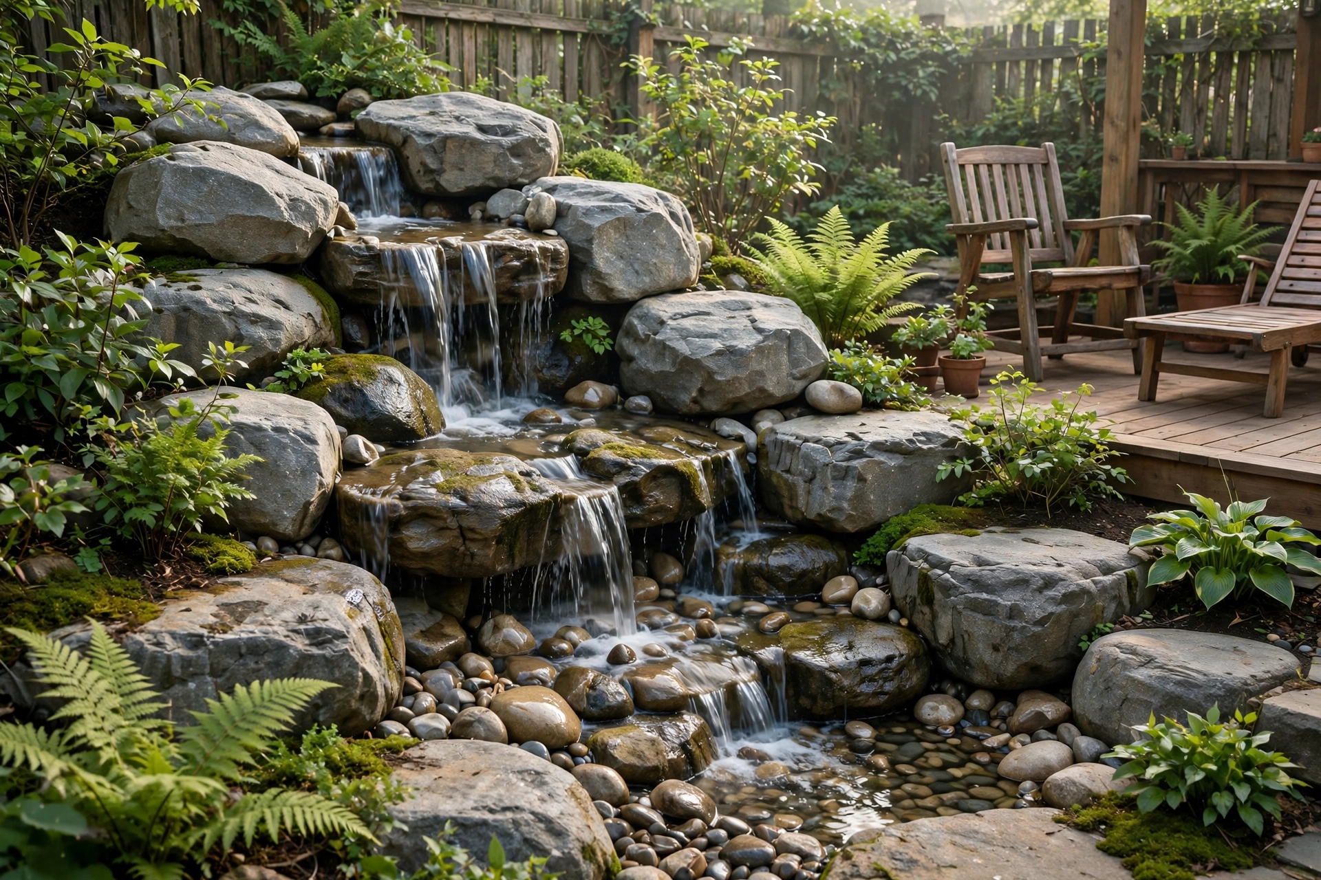 Pondless rock waterfall cascading over boulders, a natural take on patio water feature ideas