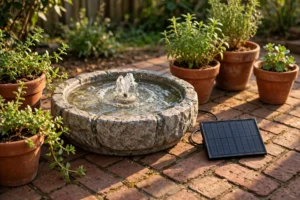 Solar birdbath fountain bubbling on a brick patio, one of the easiest patio water feature ideas