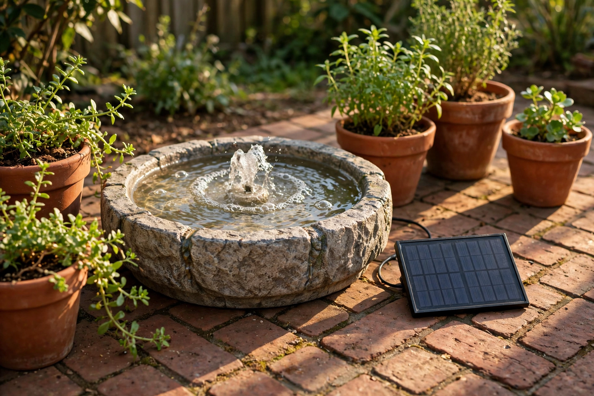 Solar birdbath fountain bubbling on a brick patio, one of the easiest patio water feature ideas