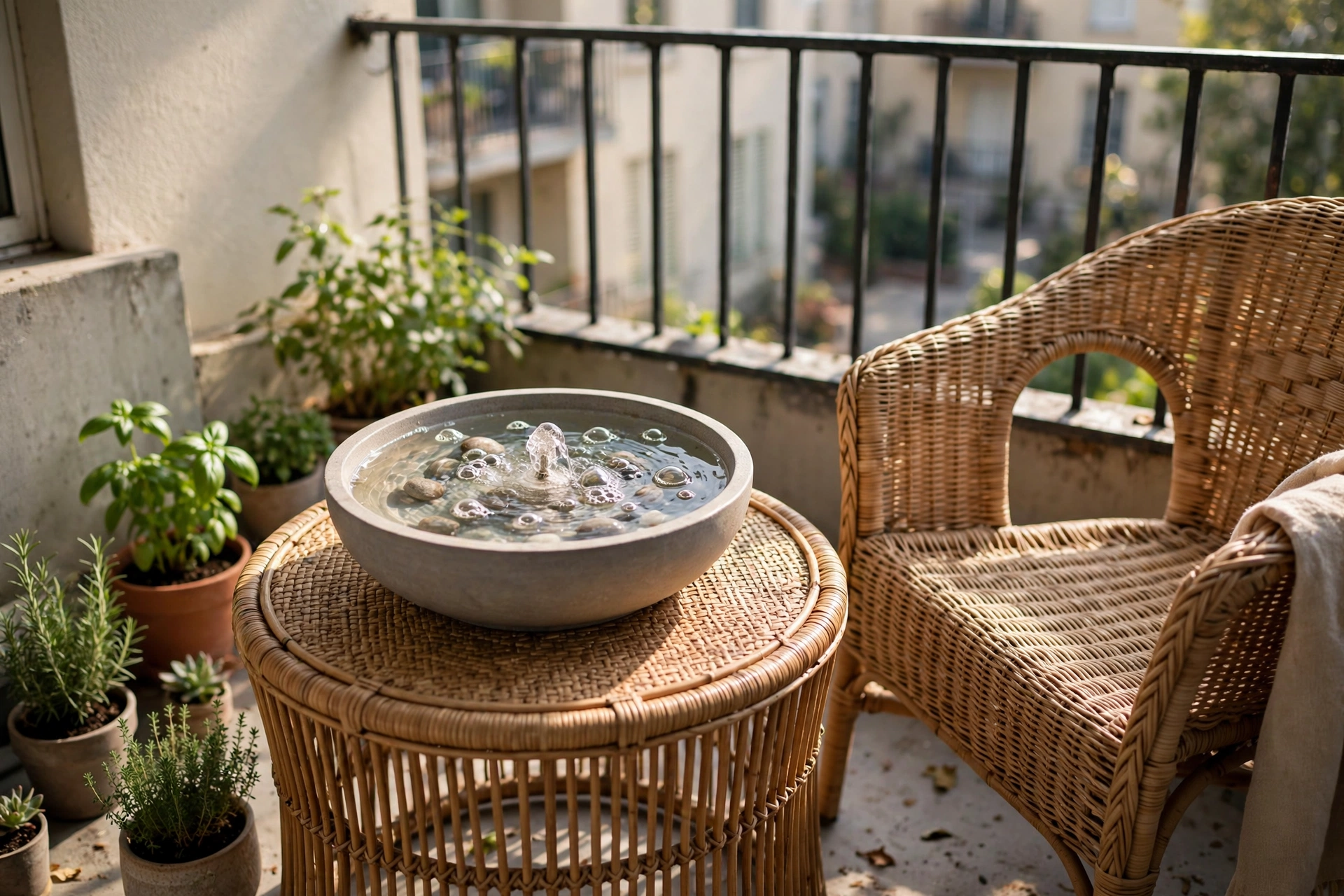 Small tabletop bowl fountain bubbling on a side table on an apartment patio