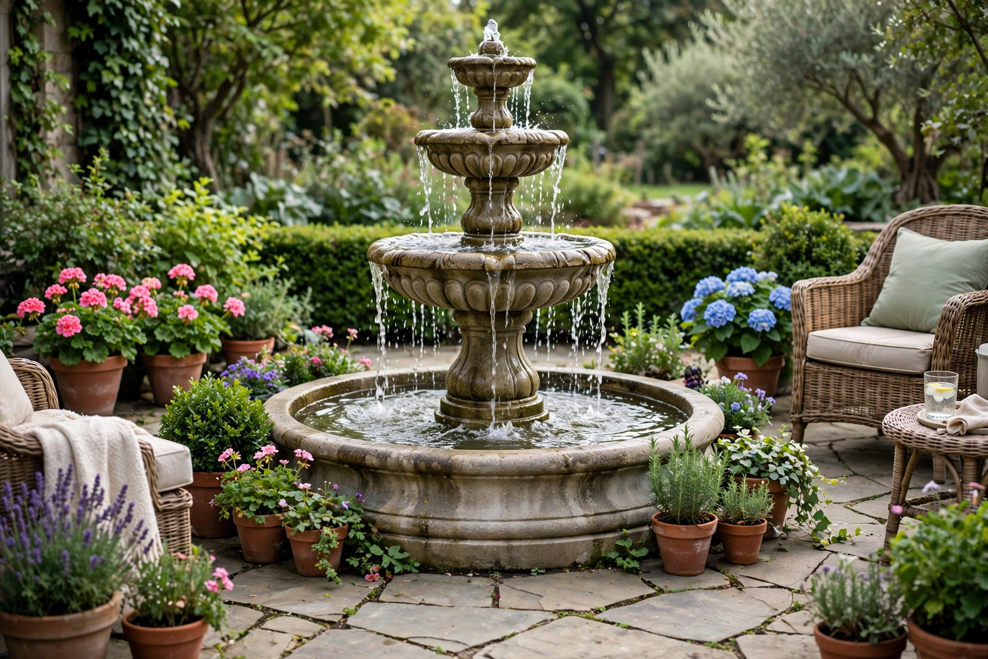 Classic three-tiered stone patio fountain with cascading water, a timeless patio water feature idea for gardens