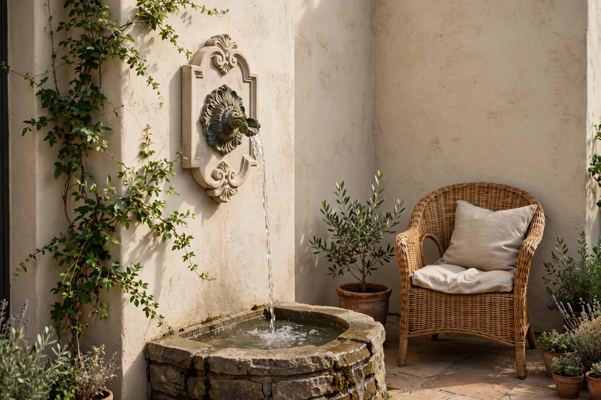Wall-mounted patio fountain with water flowing into a stone basin