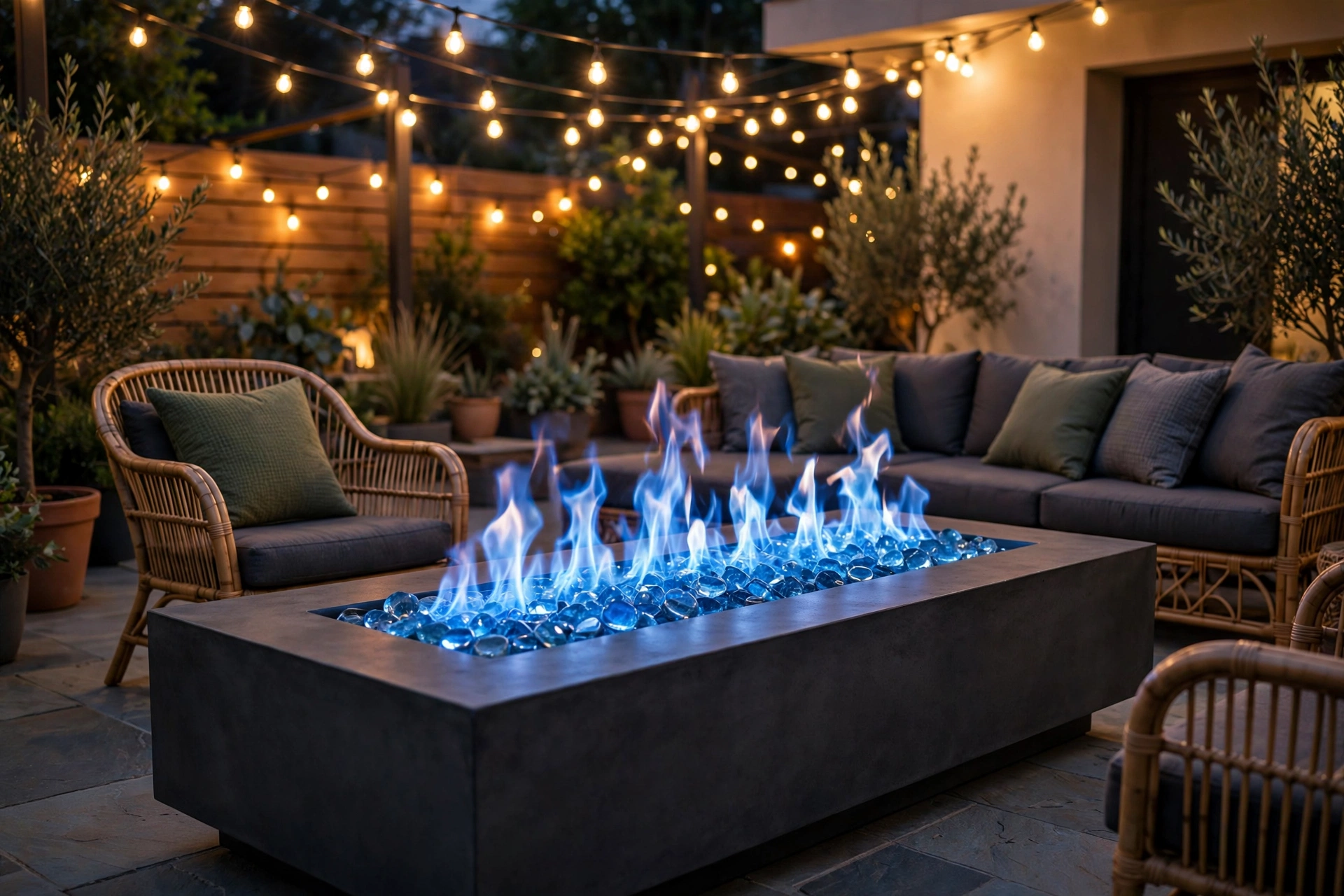 Propane fire table with glass rocks as the centerpiece of patio seating