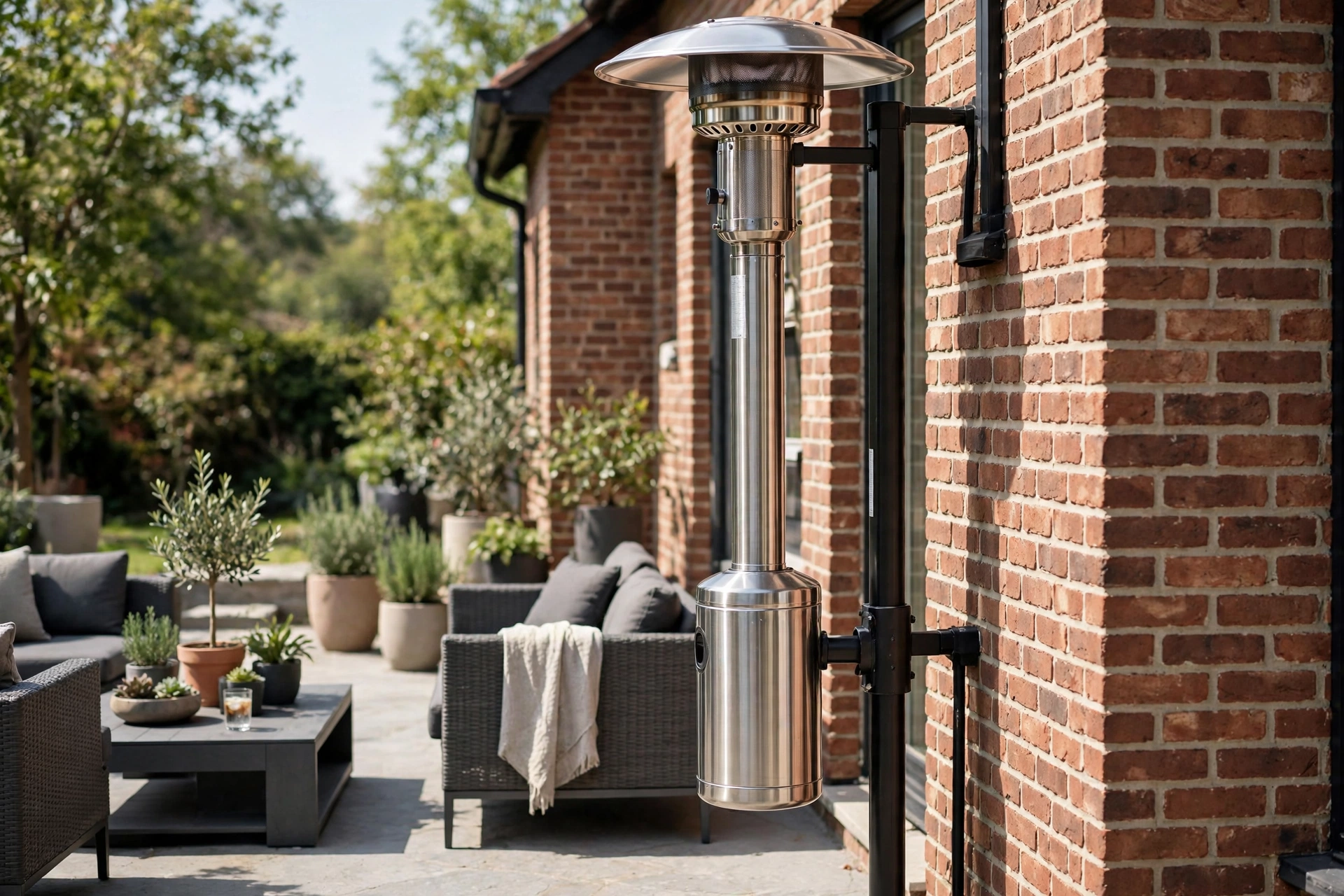 Stainless natural gas patio heater mounted on a post beside a house