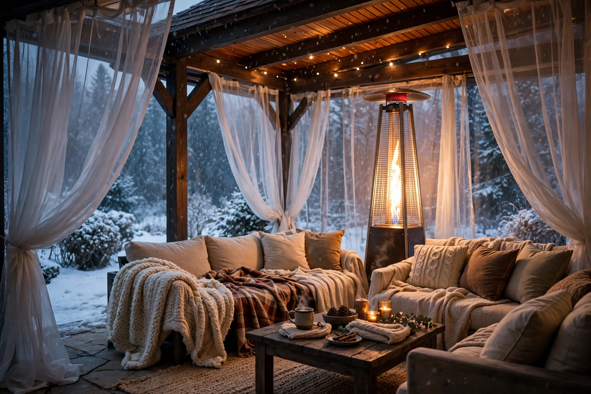 Outdoor patio curtains paired with a glowing patio heater for winter warmth