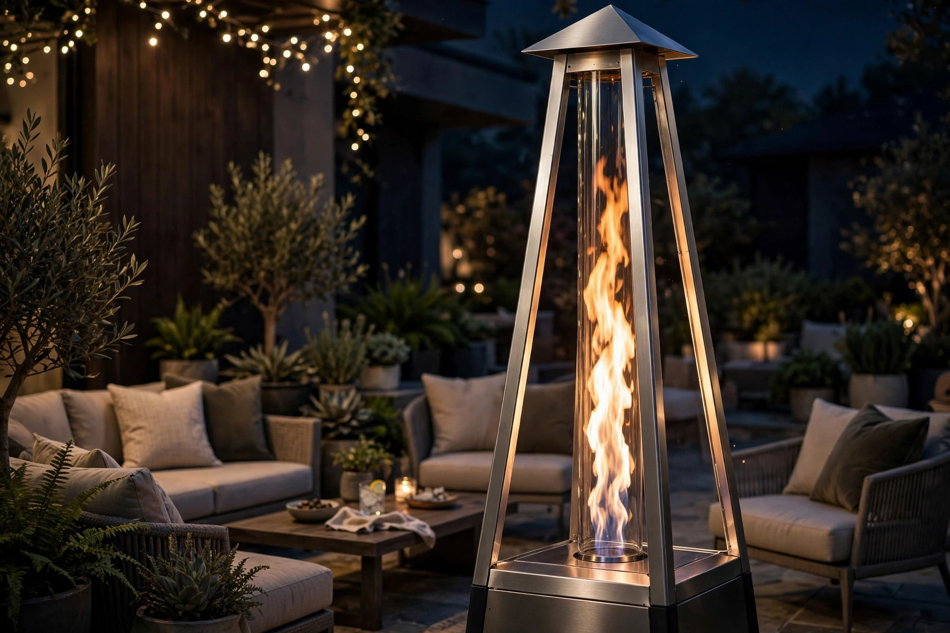 Pyramid flame patio heater ideas with ambiance for entertaining patios