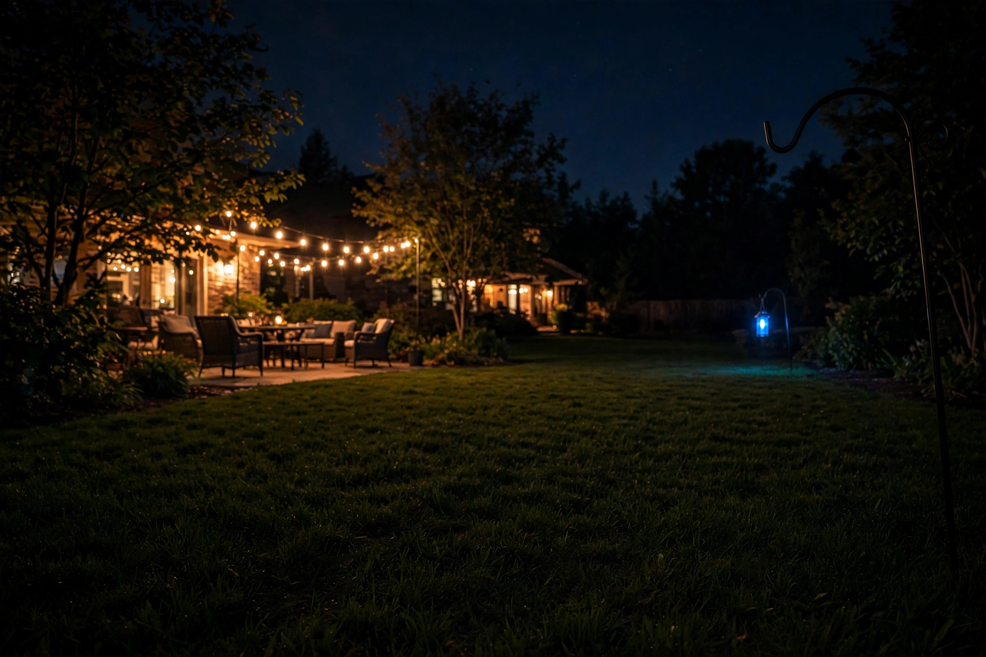 Bug zapper glowing blue on a patio at night, away from seating