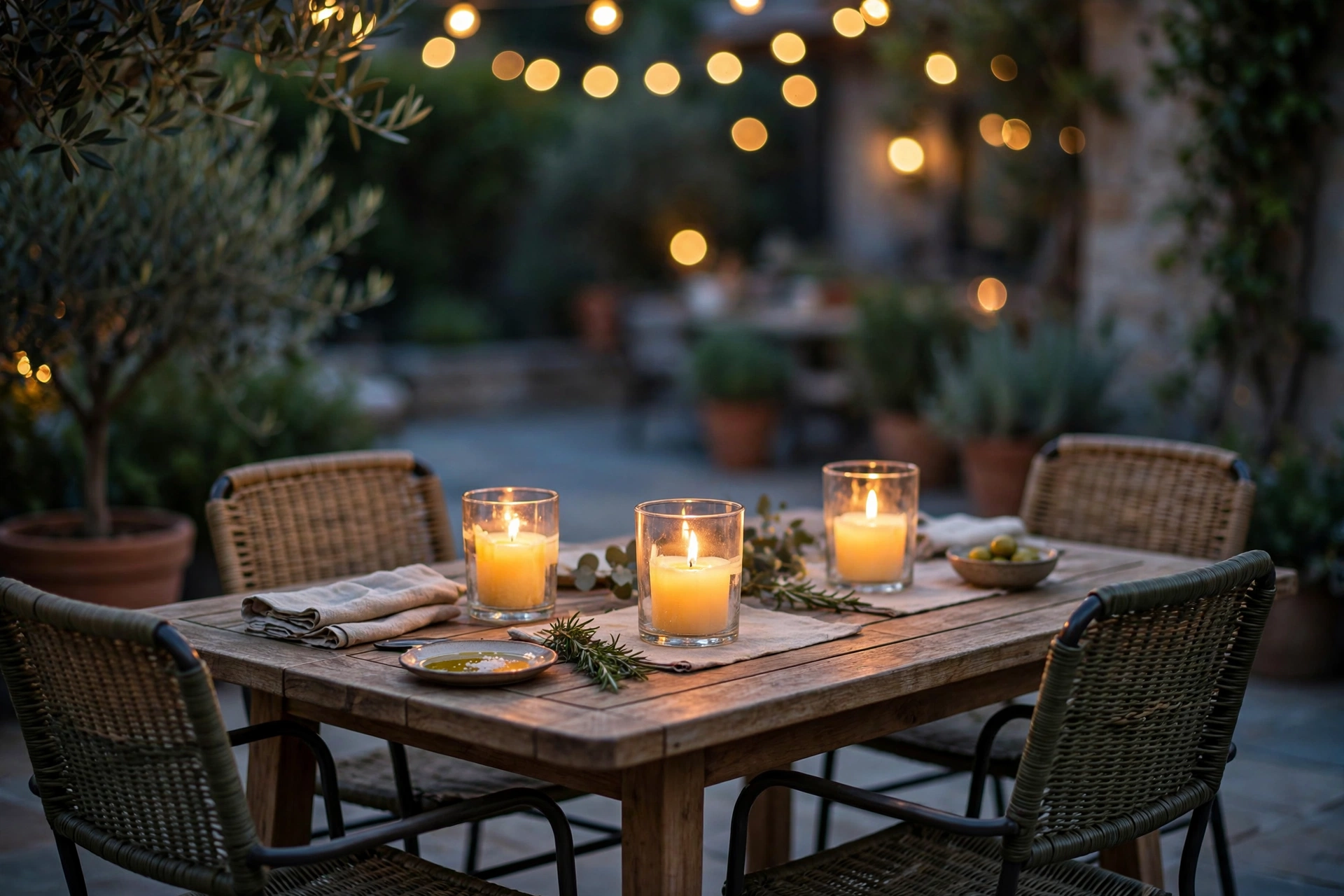 Citronella candles glowing on a patio table at dusk