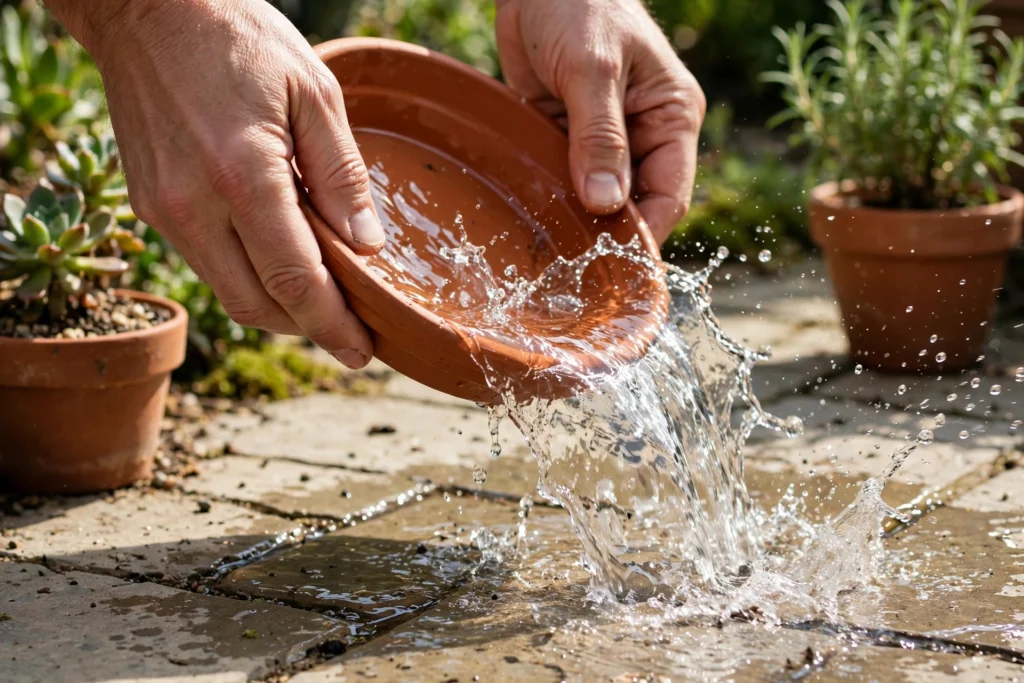 Patio mosquito control ideas: tipping standing water out of a plant saucer