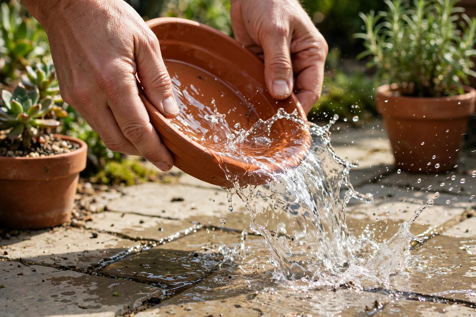Patio mosquito control ideas: tipping standing water out of a plant saucer