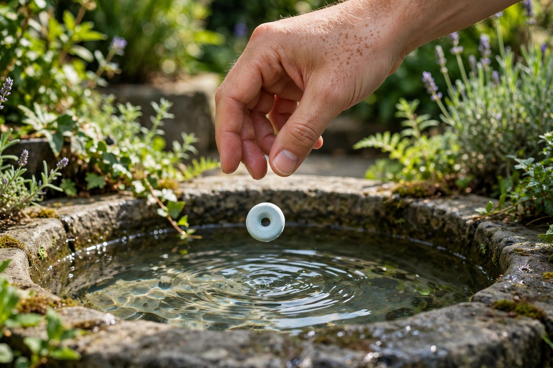 Patio mosquito control ideas: mosquito dunk tablet in a patio fountain