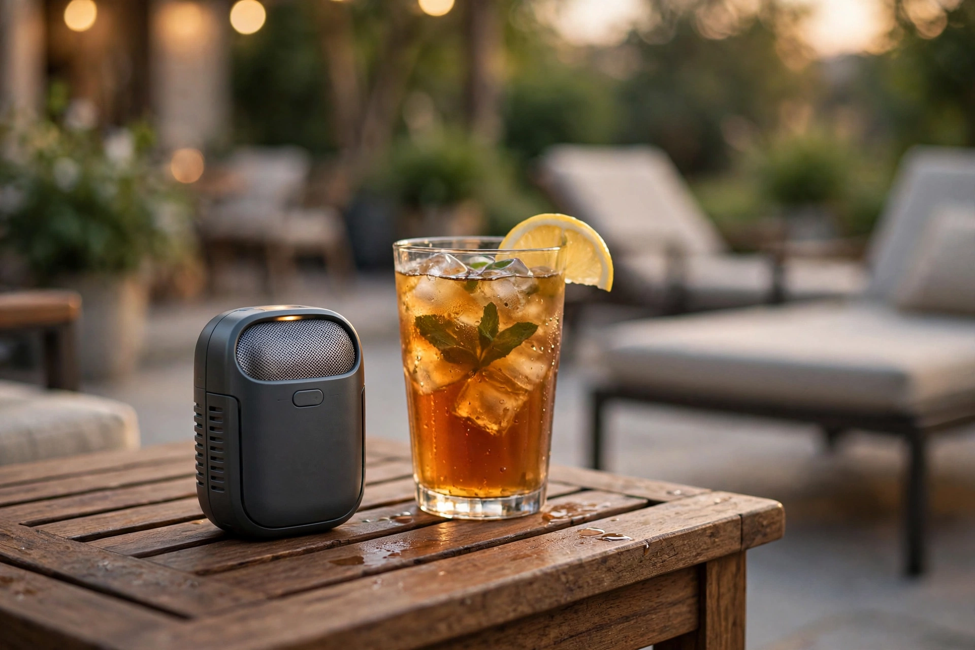 Patio mosquito control ideas with a portable repeller device on a side table