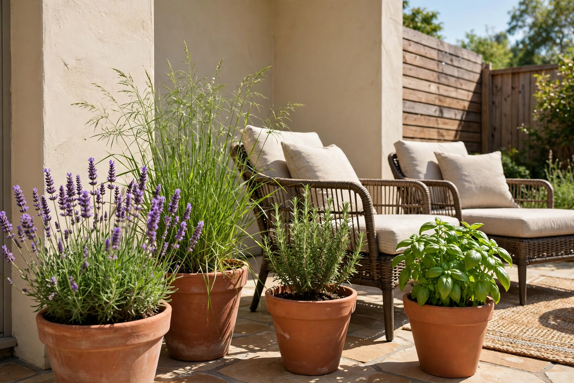 Patio mosquito control ideas with lavender and citronella plants in pots