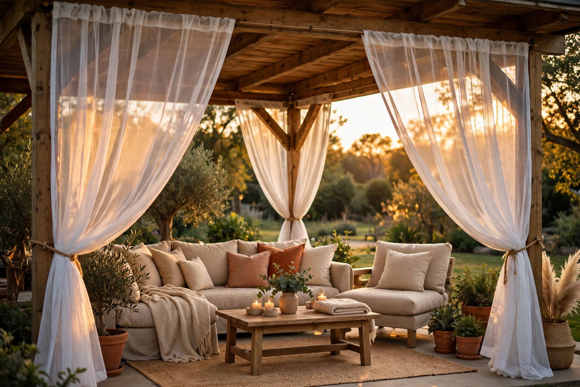 Sheer outdoor screen curtains enclosing a covered patio seating area