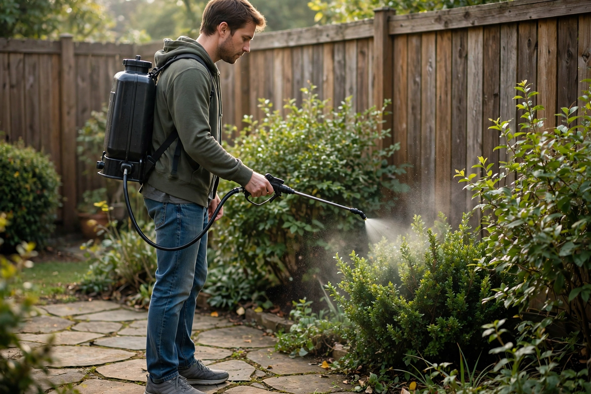 Backyard barrier spray treatment applied to shrubs near a patio