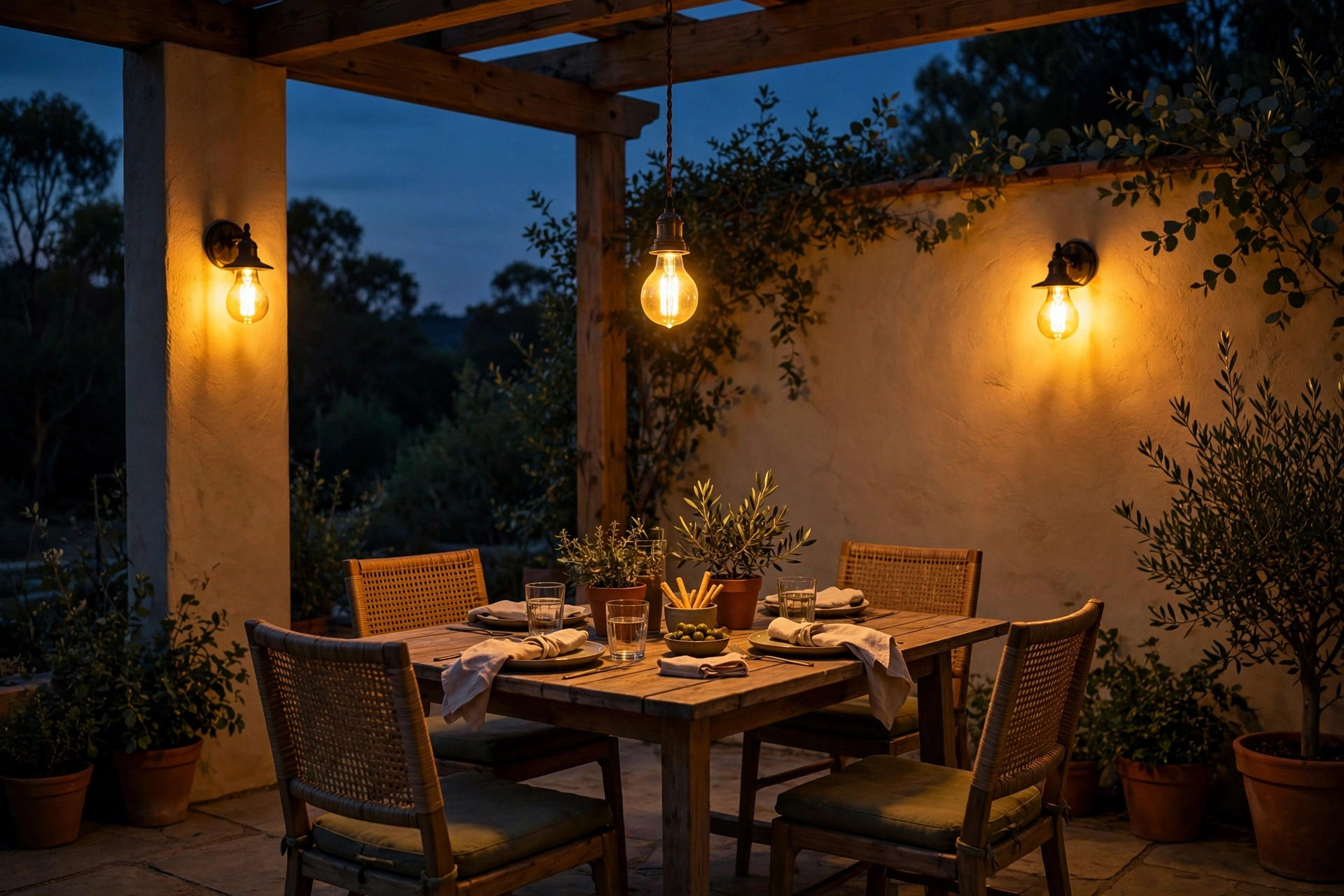 Warm yellow LED bug lights glowing on a patio at night