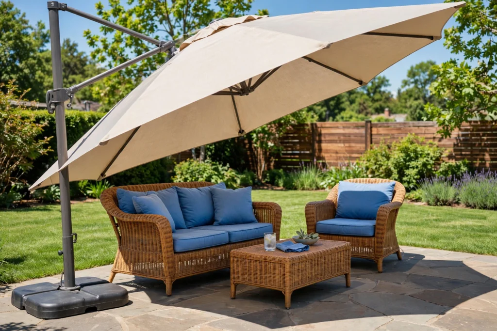 Patio shade ideas: cantilever umbrella tilted over a wicker lounge set on a sunny patio