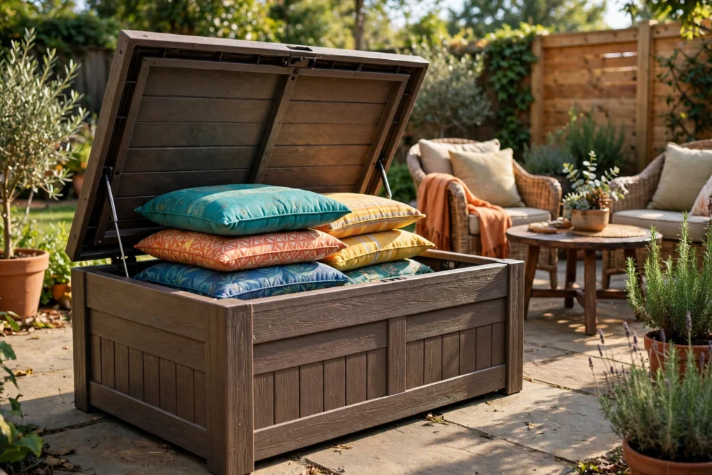 Patio storage ideas outdoor: weatherproof resin deck box holding colorful cushions on a sunny patio