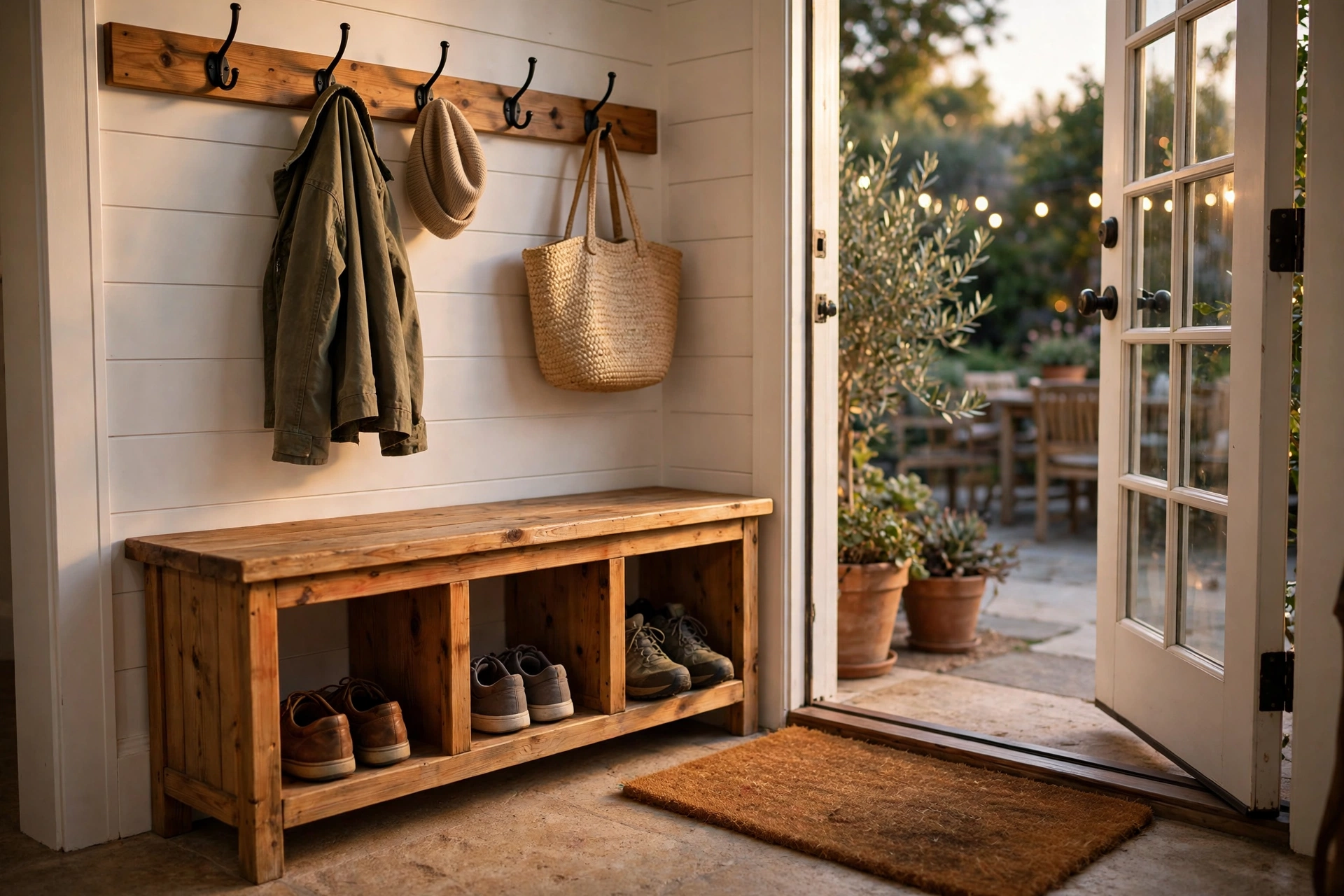 Small entryway bench with cubbies for shoes and hooks by a back door patio