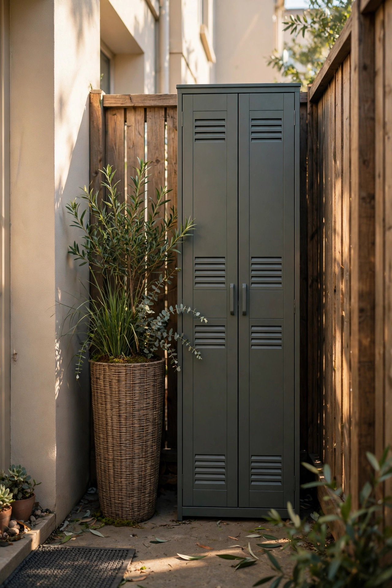 Patio storage ideas outdoor: tall slim vertical storage cabinet tucked into a narrow patio corner