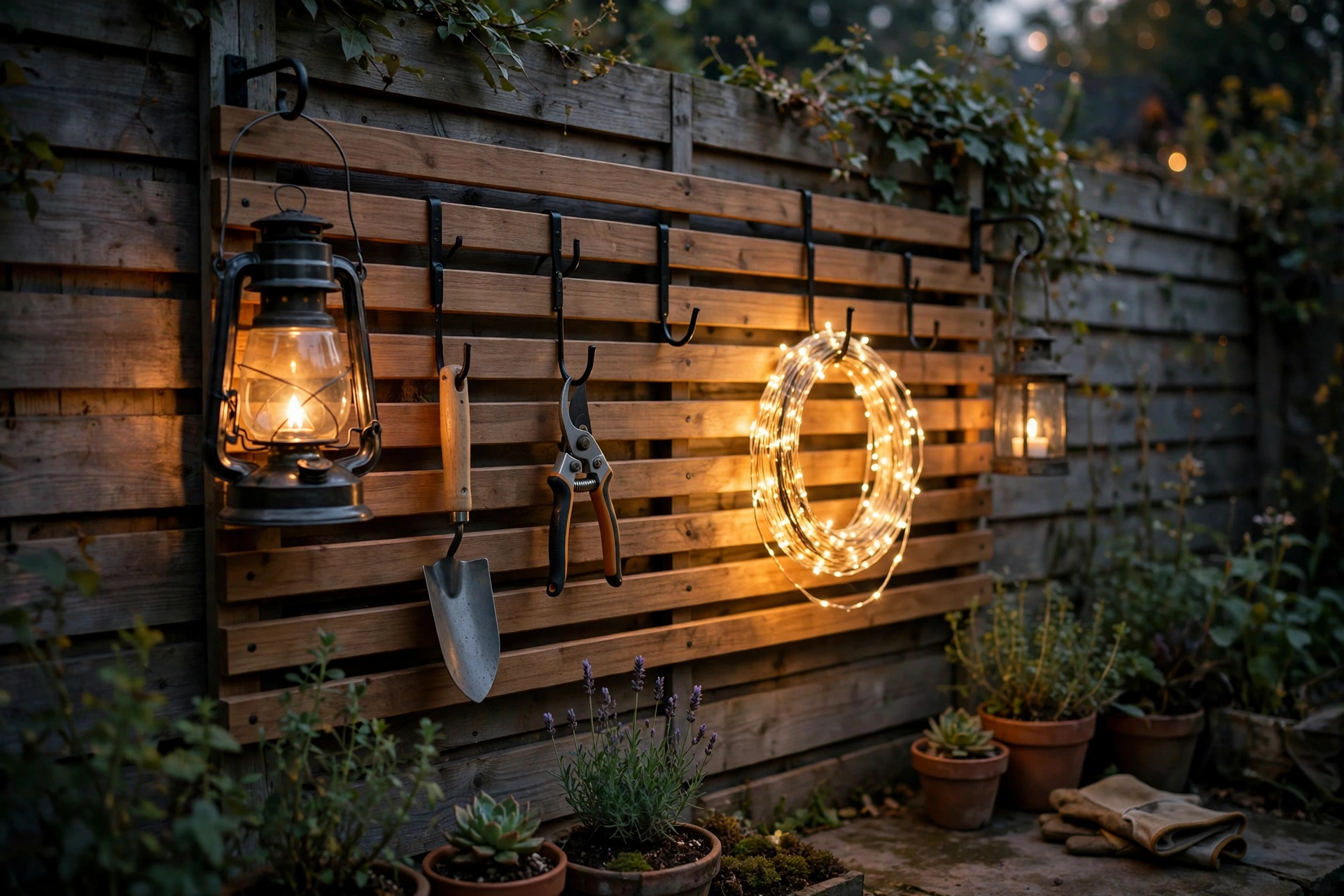 Weatherproof hooks and slat panel on a patio fence holding lanterns and tools